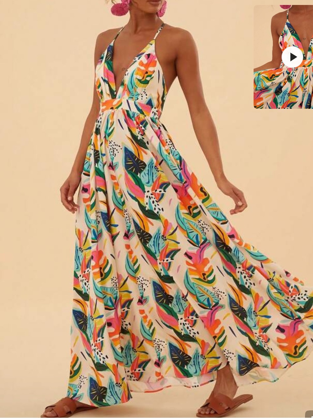 Tropical Print V-Neck Maxi Dress - Multicolor
